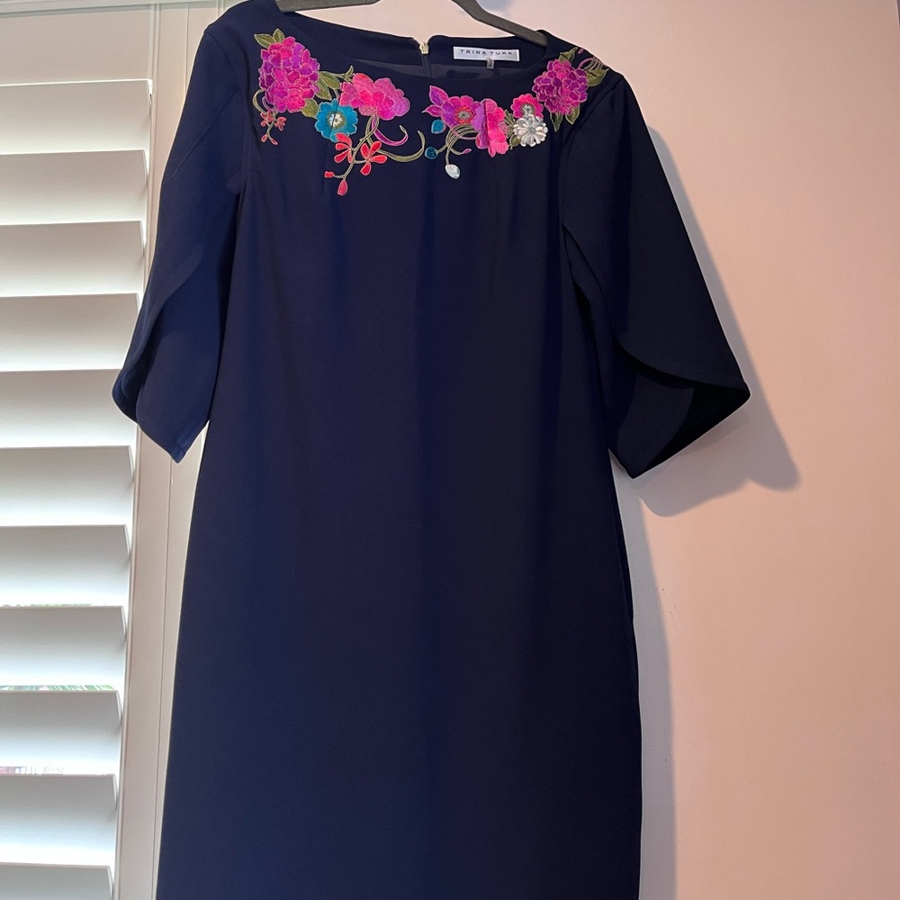 Trina Turk  Navy Blue Floral Embroidered Dress
